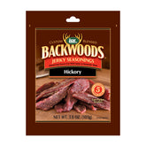 LEM Backwoods Hickory Jerky Seasoning package ready for marinating jerky strips
