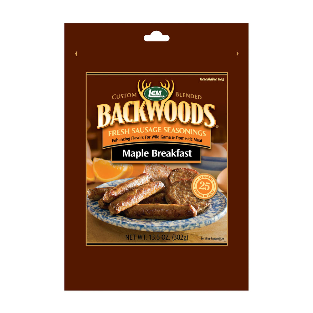 LEM Backwoods Maple Breakfast Sausage Seasoning packet ready to flavor breakfast sausages.