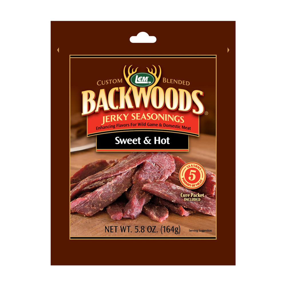 LEM Backwoods Sweet & Hot seasoning package with pre-measured cure for consistent jerky