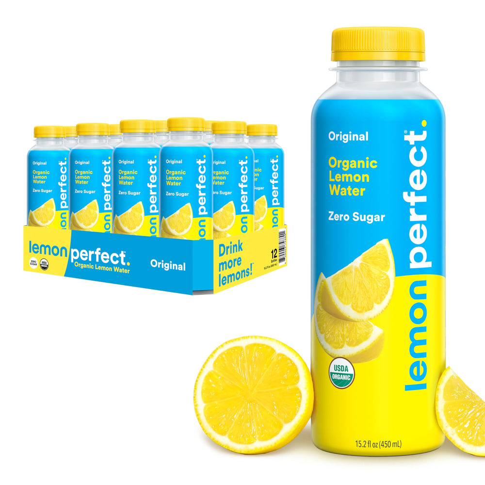 Lemon Perfect Original bottle on white delivers clean hydration with zero sugar.