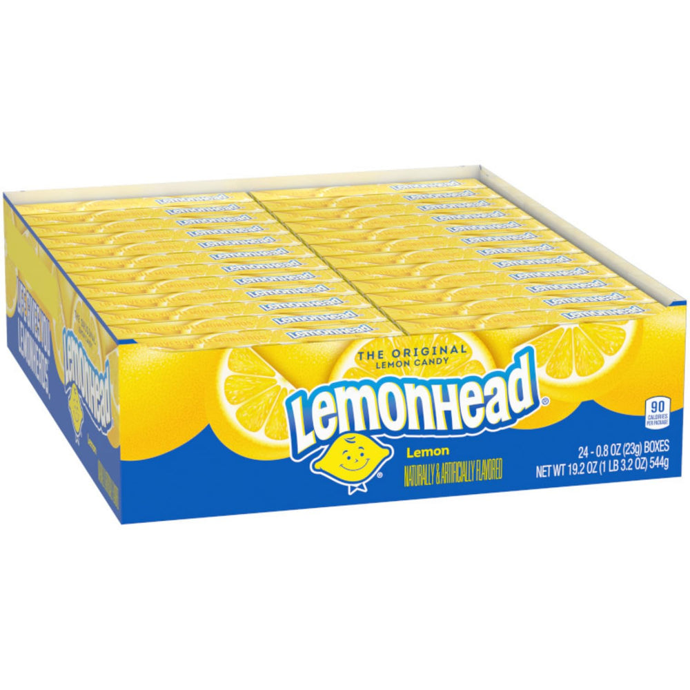 Lemonhead hard lemon candy box pack 24 showing convenient sharing size for on-the-go snacking.