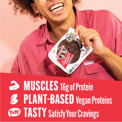 Front view highlights 16g plant protein and 10g fiber per cookie.