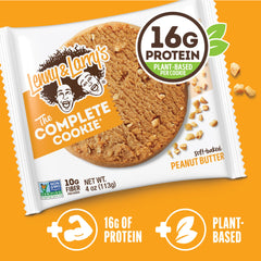 Lenny & Larry's cookie with vegan certification badge and fiber emphasis.