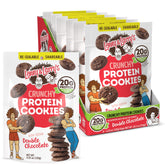 Lenny & Larry's Complete Crunchy Cookie Double Chocolate bag close-up, protein snack ready