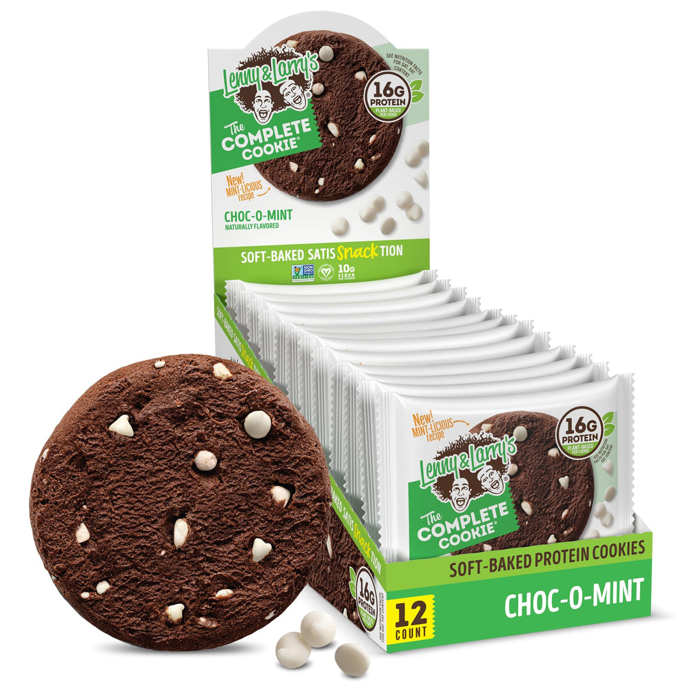 Lenny and Larry's Choc-O-Mint cookie with soft-baked texture and 16g plant protein.