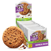 Lenny & Larry's Complete Protein Cookie oatmeal-raisin pack shows a 12-pack for convenient snacking.