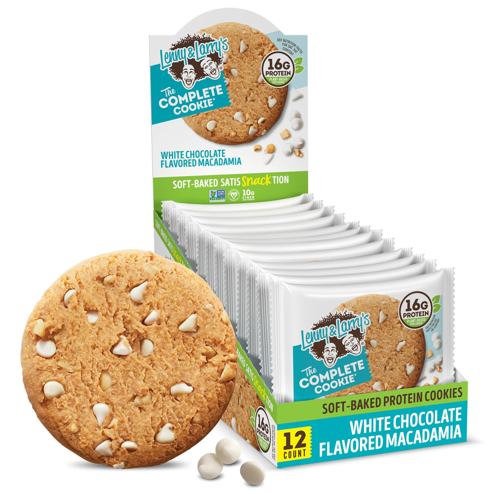 Lenny & Larry's Complete Protein Cookie packaging emphasizes vegan, non-GMO snack options.