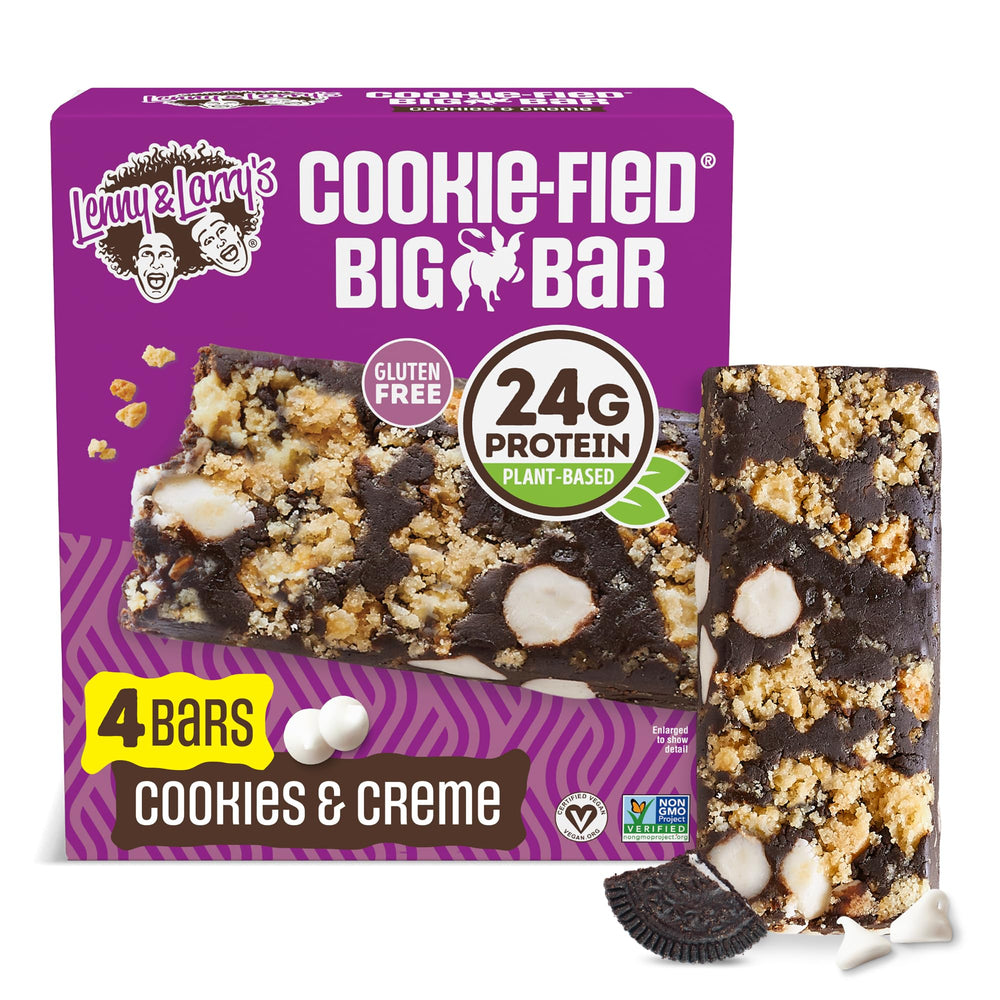 Lenny & Larry's Cookie-fied BIG BAR packaging shows Cookies & Creme flavor for on-the-go protein.