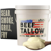 LeRoy’s Rocky Mountain Beef Tallow bucket front showing durable packaging for freshness