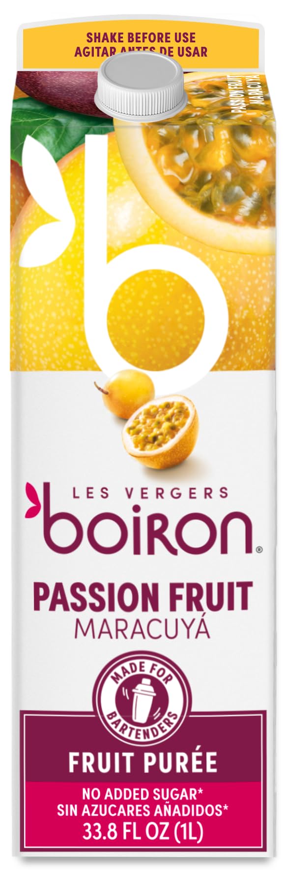 Les Vergers Boiron passion fruit puree bottle ready for cocktails and desserts.