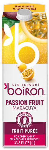 Les Vergers Boiron passion fruit puree bottle ready for cocktails and desserts.