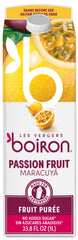 Les Vergers Boiron passion fruit puree bottle ready for cocktails and desserts.