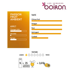 Pouring Les Vergers Boiron passion fruit puree into a glass for cocktails.