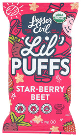 Lesserevil Lil' Puffs bag features real fruit and veggie ingredients for healthier snacking.