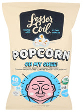 Lesserevil Oh My Ghee popcorn packaging on shelf signals premium organic snacking.