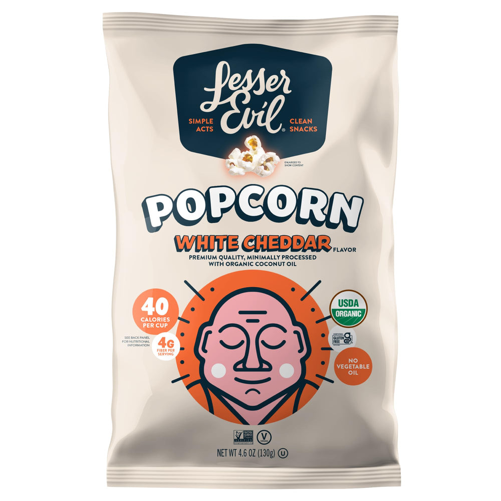 Lesserevil White Cheddar Organic popcorn pack, premium ingredients for versatile snacking.