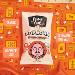 Lesserevil White Cheddar Organic popcorn serving idea for movie night.