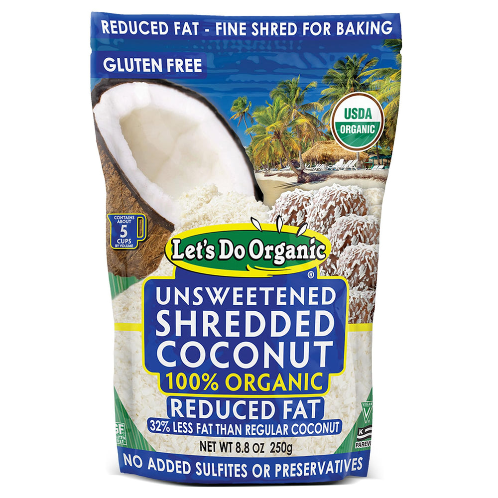 Let's Do Organic shredded coconut unsweetened packaging, ideal for versatile baking and topping ideas.