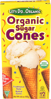 Let's Do Organic sugar cones with a classic rolled texture for crispy ice cream.