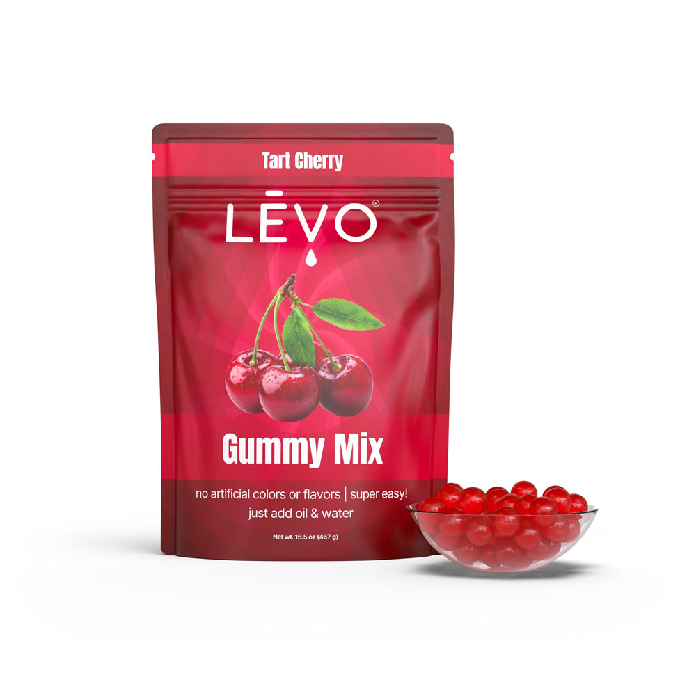 LEVO cherry gummy mix bulk bag front view showing label and quantity, convenient for batch making