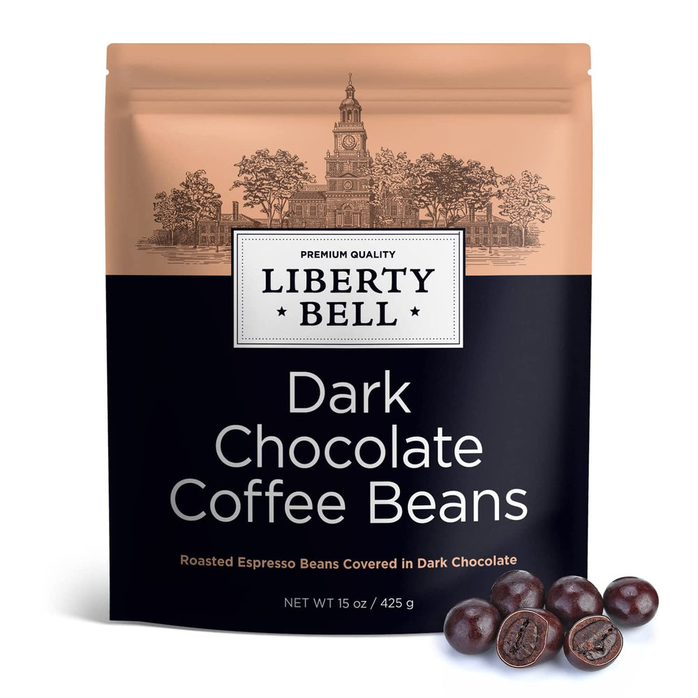 LIBERTY BELL dark chocolate espresso beans in a 15oz bag for a premium snack