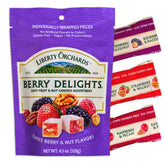 Liberty Orchards Berry Delights Raspberry-Pecan image showing vibrant vegan candy and shareable packaging
