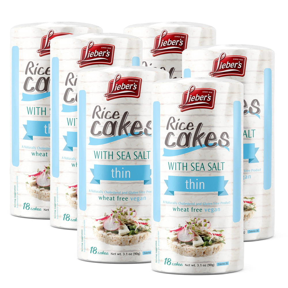 Lieber's Thin Rice Cakes Sea Salt 6-Pack on a platter for quick, light snacking.