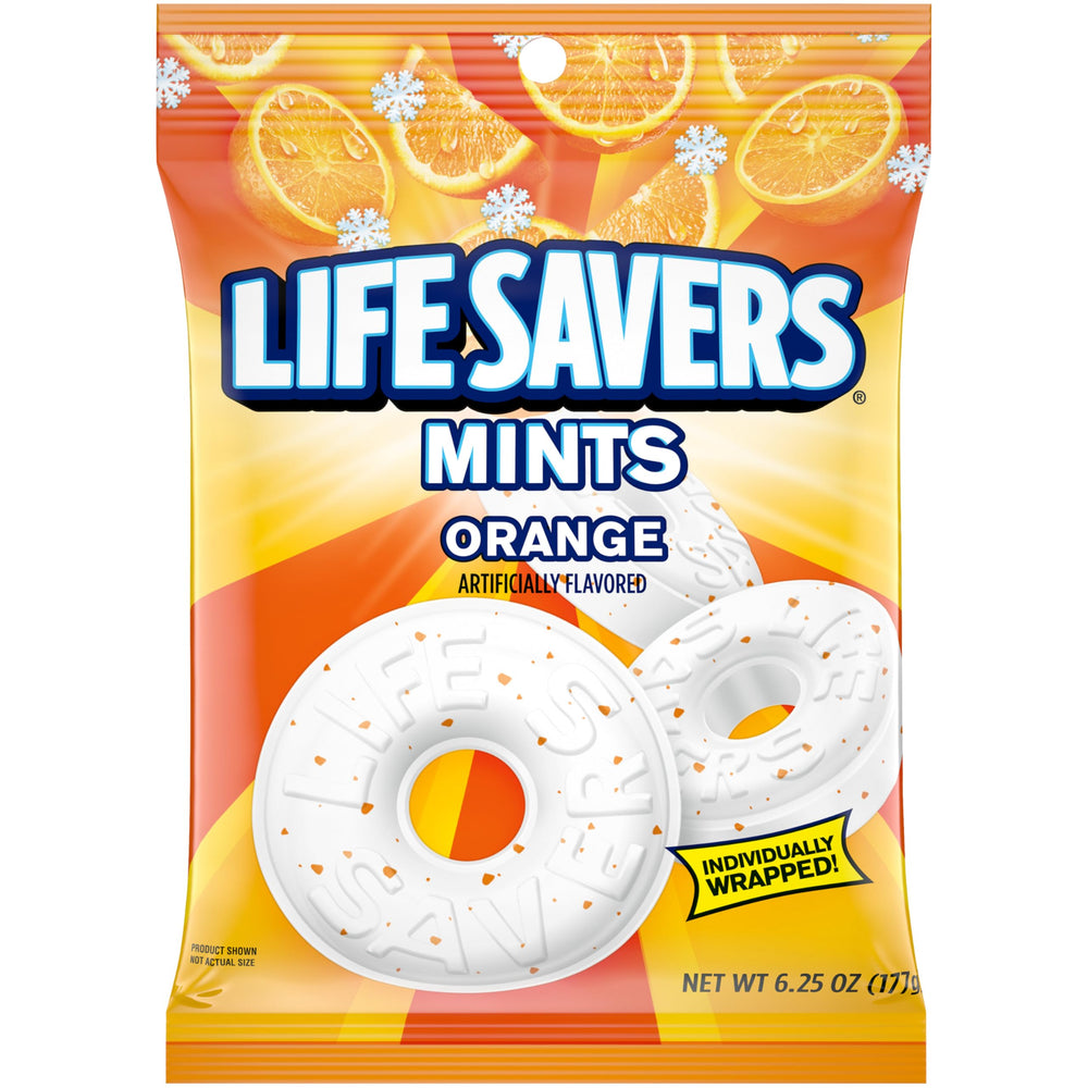 Life Savers orange mints packaging highlights a shareable, convenient candy option for any snack moment.