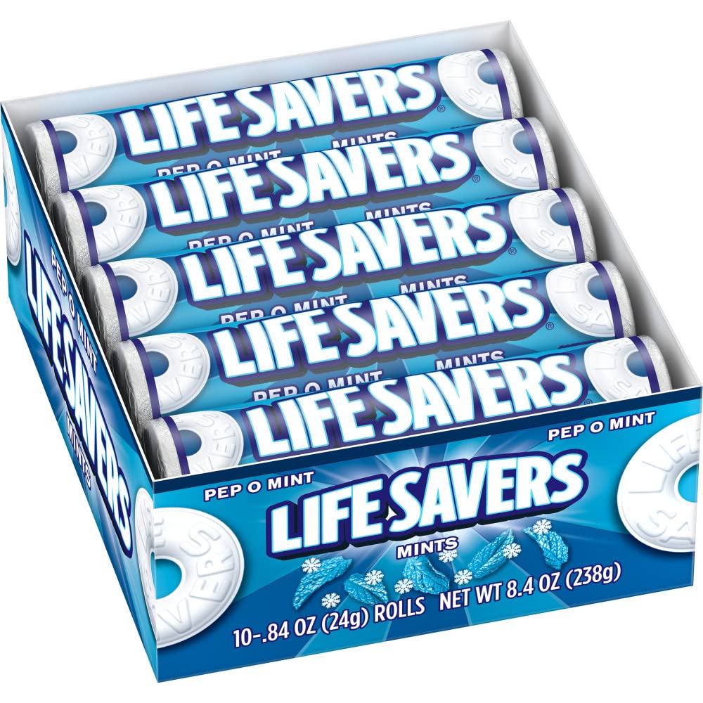Life Savers Pep-O-Mint roll close-up showing refreshing mint flavor for fresh breath