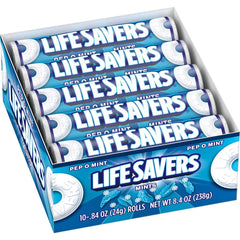 Life Savers Pep-O-Mint roll close-up showing refreshing mint flavor for fresh breath