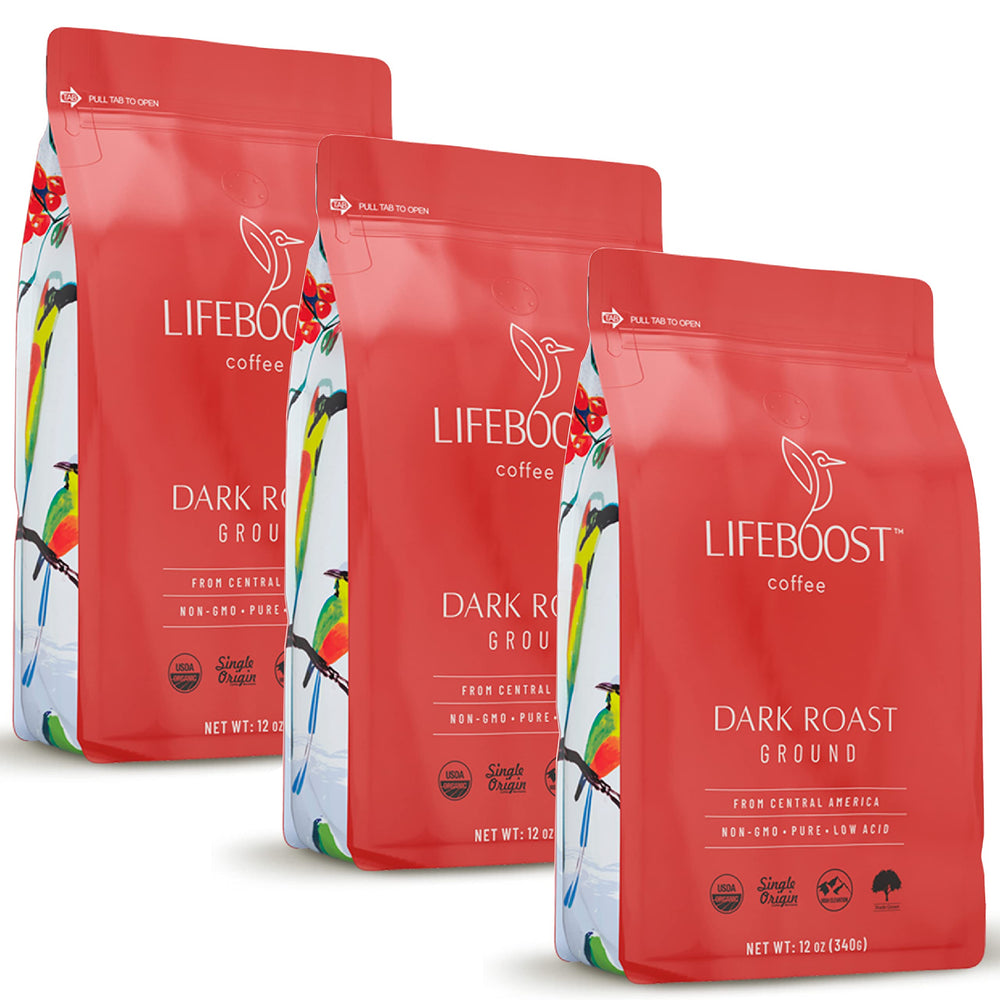 Lifeboost 3-pack dark roast front view highlights value and organic origin