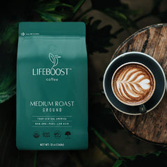 Lifeboost 3-pack medium roast bag close-up; low acidity profile.