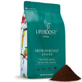 Lifeboost Ground Medium Roast pack shot highlighting organic, low-acid coffee