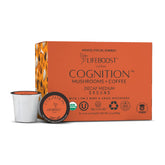 Lifeboost Cognition decaf mushroom coffee box showing organic low-acid formula for smooth mornings.