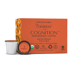 Lifeboost Cognition decaf mushroom coffee box showing organic low-acid formula for smooth mornings.