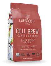 Lifeboost Dark Cold Brew coffee bag showing organic, single-origin quality.