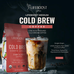 Lifeboost Dark Cold Brew coarse-ground coffee prepared for cold brew.