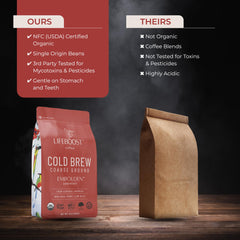 Lifeboost cold brew served over ice in a glass.