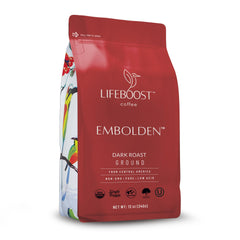 Lifeboost dark roast ground coffee packaging with organic certification.