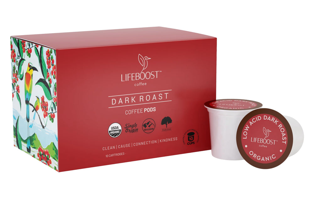 Lifeboost Dark Roast K-Cup Pod; smooth, low-acid coffee for easier mornings
