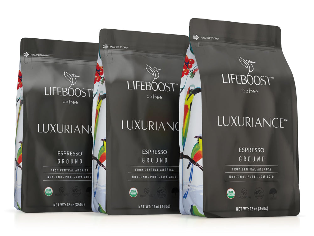 Lifeboost Espresso Ground Coffee pack front view showing organic, low-acid espresso option