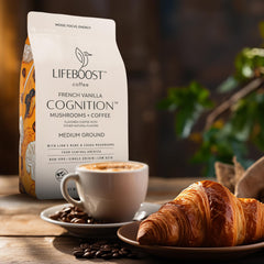 LifeBoost French Vanilla Cognition Coffee ground bag close-up highlighting medium roast.