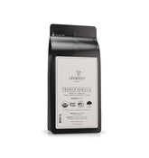 Lifeboost French Vanilla ground coffee bag label shows organic certification and flavor