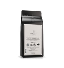 Lifeboost French Vanilla ground coffee bag label shows organic certification and flavor