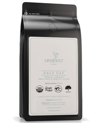 LIFEBOOST Lifeboost half caff coffee beans ready for grinding and brewing.