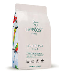 Lifeboost Light Roast ground coffee bag showing organic, low-acid flavor for gentle mornings