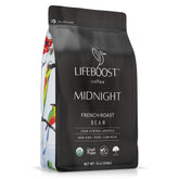 Lifeboost Midnight French Roast coffee beans show rich color with low acidity.