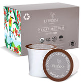 Lifeboost Organic Decaf Coffee K-Cup packaging showcases sustainable sourcing and freshness.