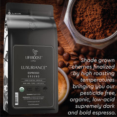 Packaging close-up showing organic certification and quality focus for Lifeboost coffee.