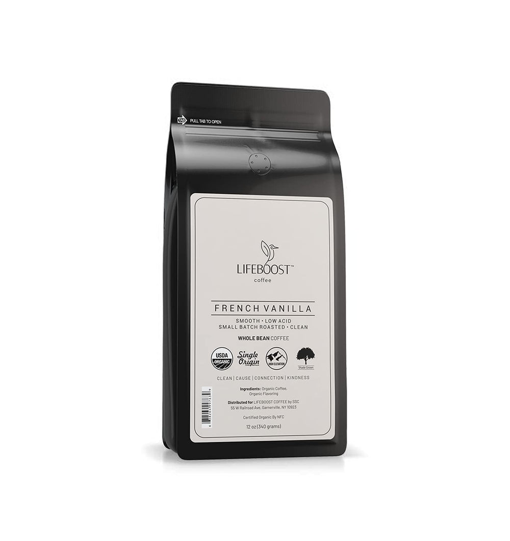 Lifeboost Whole Bean French Vanilla coffee bag highlights low acid for a smoother morning brew.